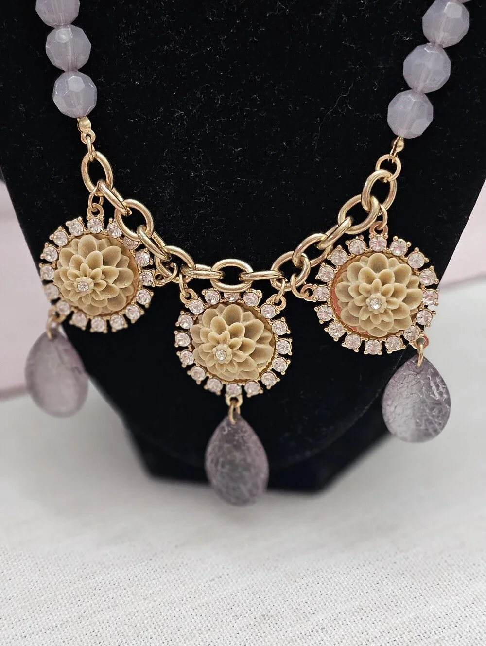 Plunder Floral Statement Necklace - Gold and Lavender EUC